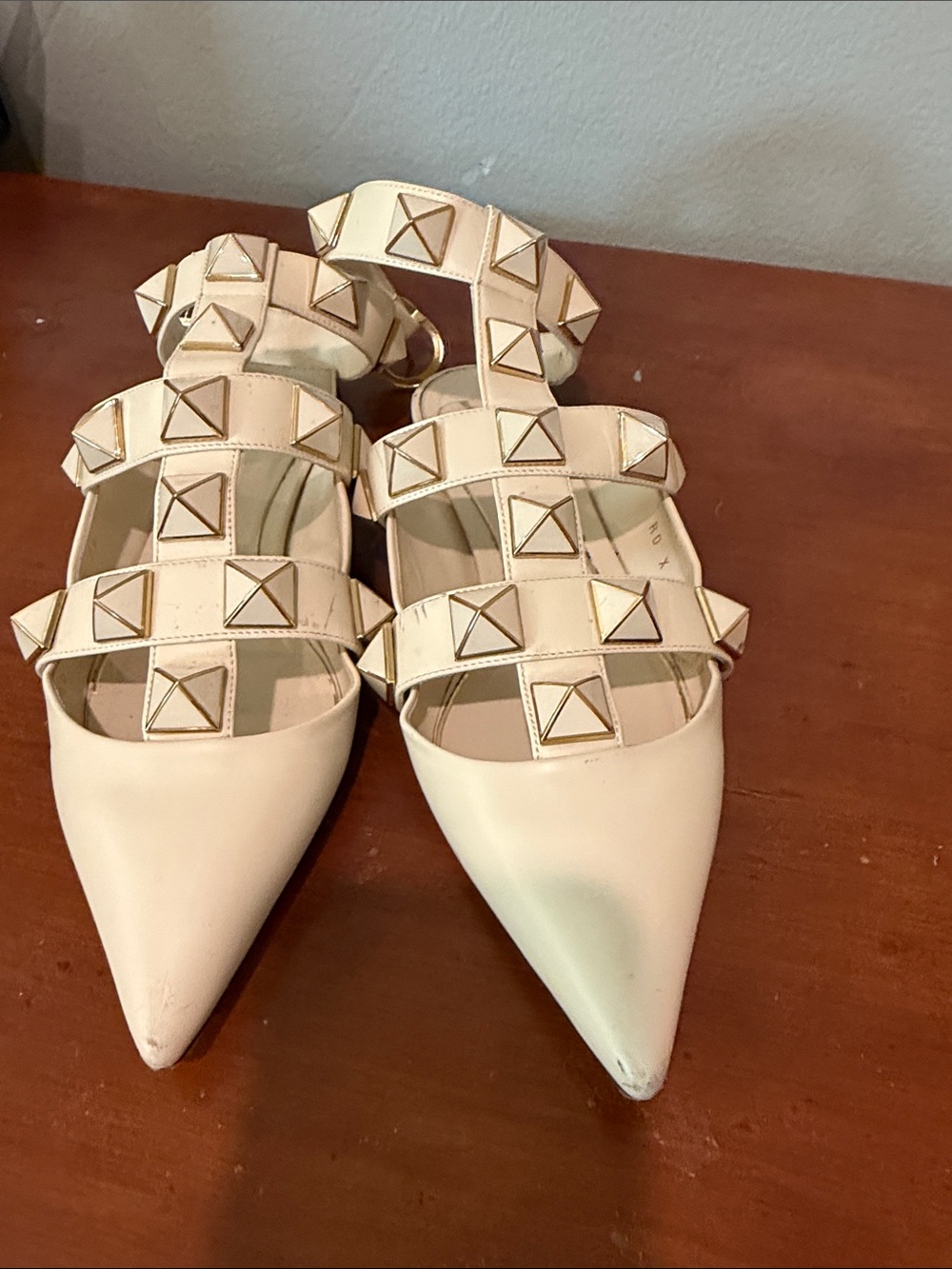 Studded Pointed-Toe Strappy Flats - Cream